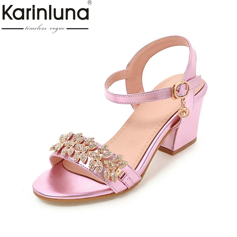

Karinluna 2018 BRAND Shoes Crystals Ankle Strap Women Shoes Fashion Square Heels Summer Sandals Date Footwear