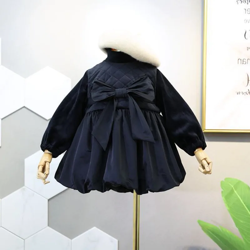 

Christmas Clothes Children Party Dress New Arrival Winter Long Sleeve Gold Velvet Thicken Cotton Bowknot Princess Dress 2-7Y