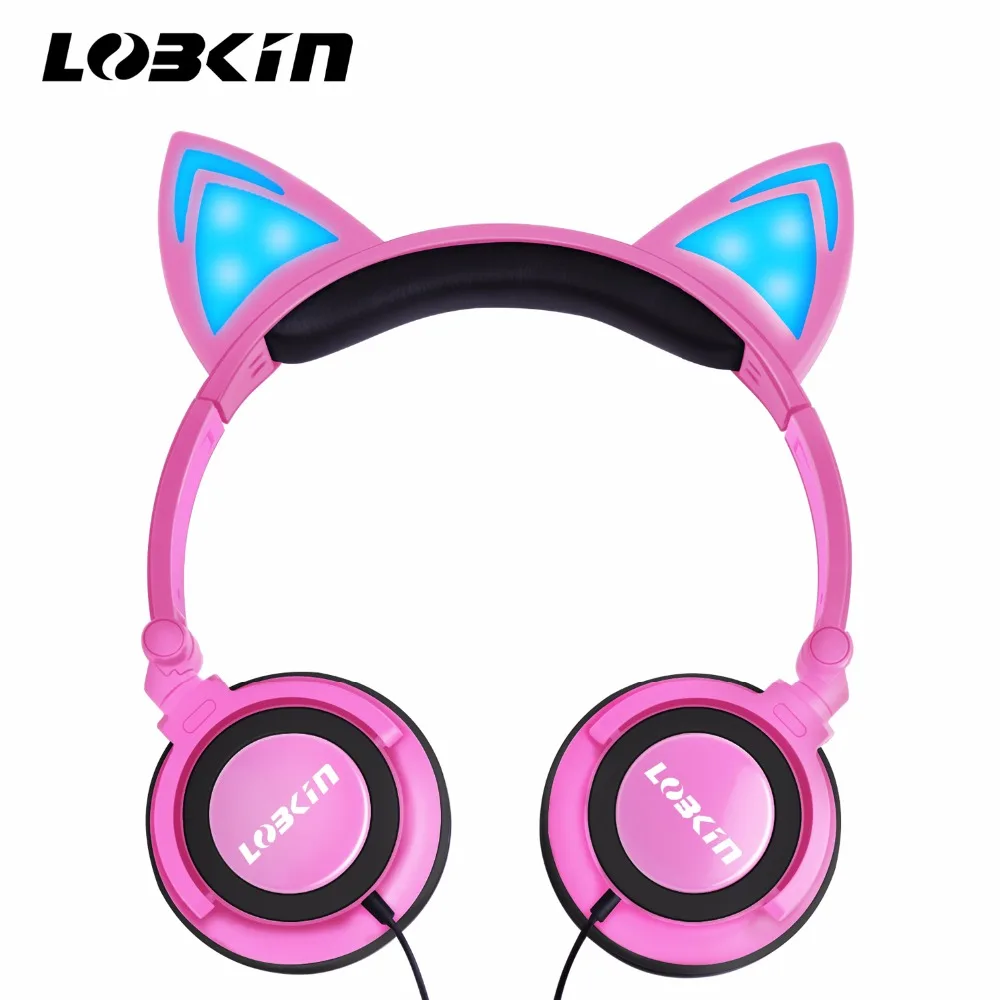 

Lobkin Wired Over Ear Kids Foldable Headphone with Glowing Light LED for Children Cosplay Fans,Cat Ear Headphones (Pink)