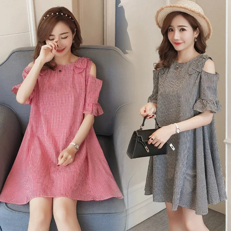 

New Maternity Wear Summer Dress Off Shoulder Plaid Maternity Dress Large Size Loose A Type Short Sleeve Maternity Skirt
