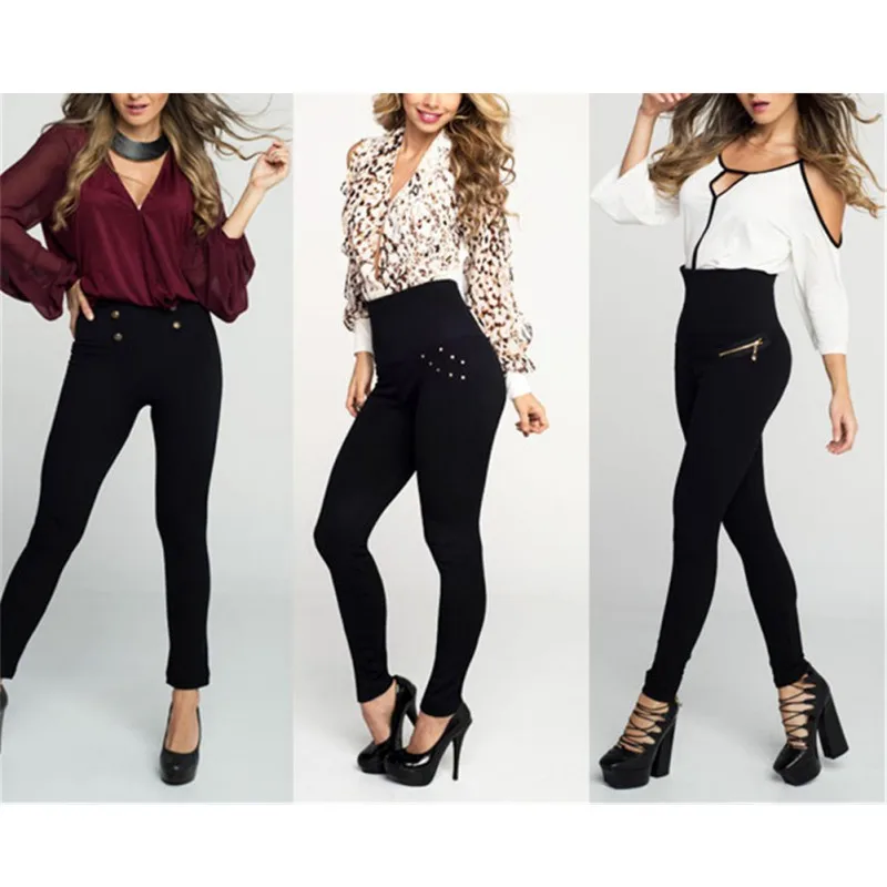Сексуальные леггинсы женские модные с высокой талией на кнопках черные тонкие леггинсы брюки плюс размер женские джинсы облегающие леггинсы