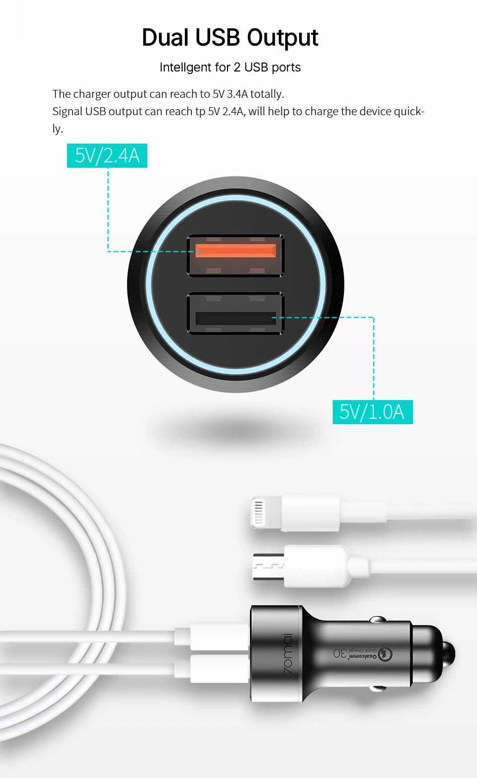 70mai usb aux QC3.0 Быстрая зарядка двойной USB Автомобильное зарядное устройство 70 mai usb 12 v-24 v Автомобильное зарядное устройство Android iOS для iPhone