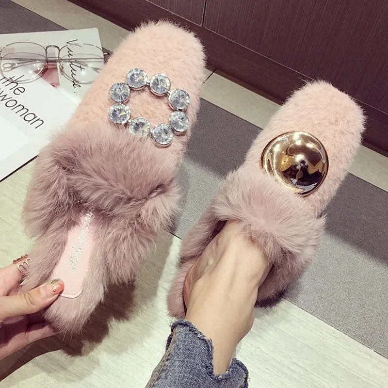 

Women Fur Slippers Slip On Mule Shoes Women Flat Casual Shoes British Buckle Loafer Plush Indoor Outdoor Slipper Embroider Shoes