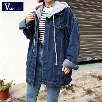 

Vangull Fashion Hooded Oversized Denim Jackets Women Autumn Vintage Long Sleeve Denim Coats Ladies Harajuku Tops Women 2019 New