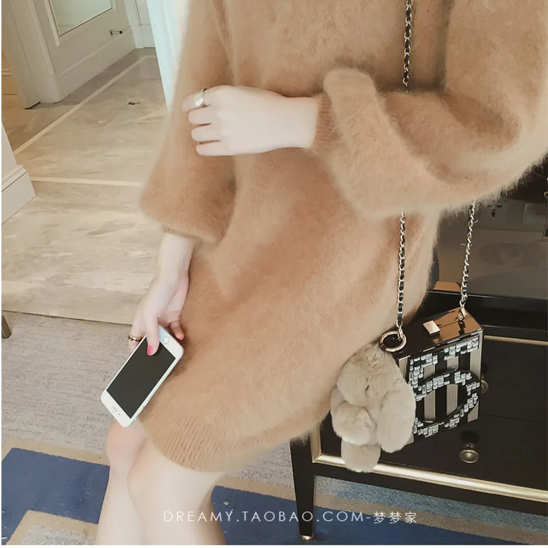 2019 Autumn Winter Women Cashmere Long Sweaters Pullovers V-neck Sweaters Dress Female Elegant Casual Pullovers Warm Fur Sweater