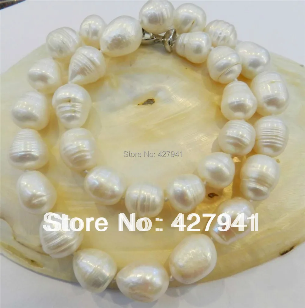 BIG RICE SHAPE 12 13MM WHITE REAL NATURAL PEARL NECKLACE 18 AAA
