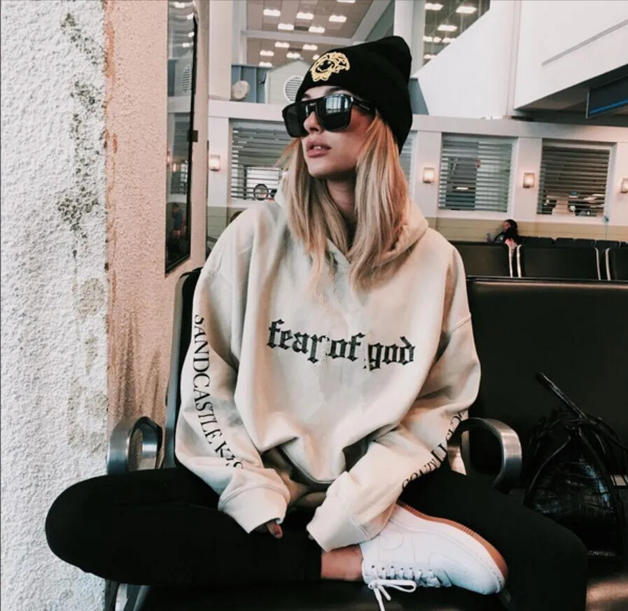 

fear of gold printing fleece Hoodies women Casual Long Sleeve Loose Women Men apricot Sweatshirts Pullover Couples Tracksuits