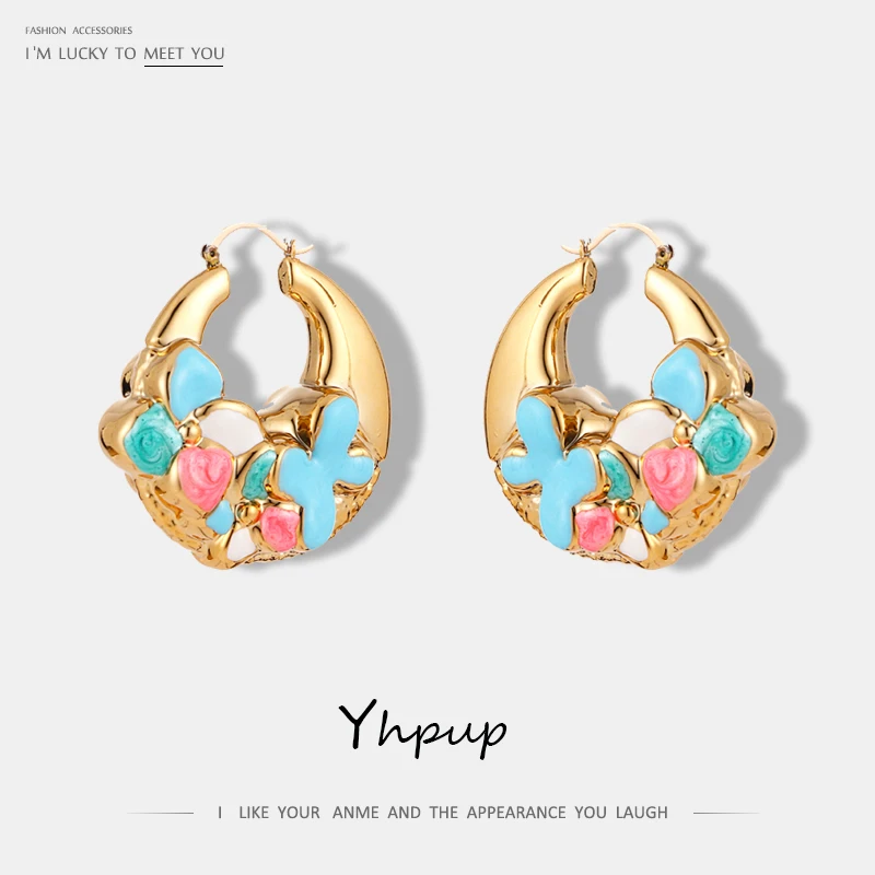

Yhpup Trendy Resin ABS Lucky Flower Hoop Earrings Gold Candy Colors Chunky Earrings For Women Jewelry Gift Pendientes Mujer Moda