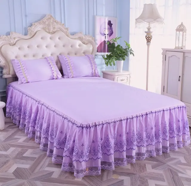Romantic Bloom Pattern Solid Color Bed Skirt Non slip Dust Ruffle Queen