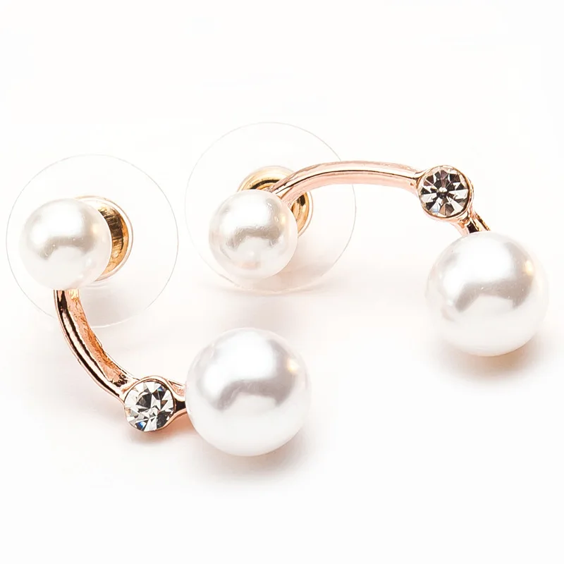 

Bending Stick Connecting Crystal Big & Small Simulated Pearl Women Stud Earrings