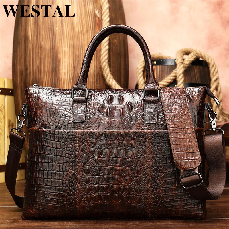 

WESTAL Men Briefcase Men's Bag Genuine Leather Office Bags for Men Laptop Bag Leather Briefcase Men Croco Design Computer Bags