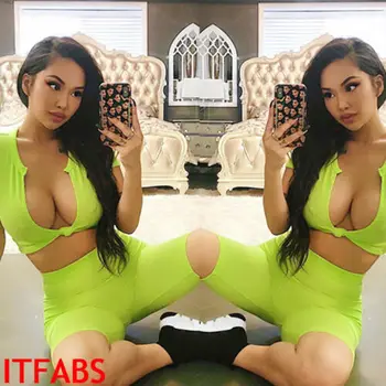 

Stylish Women's Sexy Solid Cloth Sets Short Sleeve V-neck T-shirt Tops and High-waist Slim Knee-length Short Pants Club Set S-L