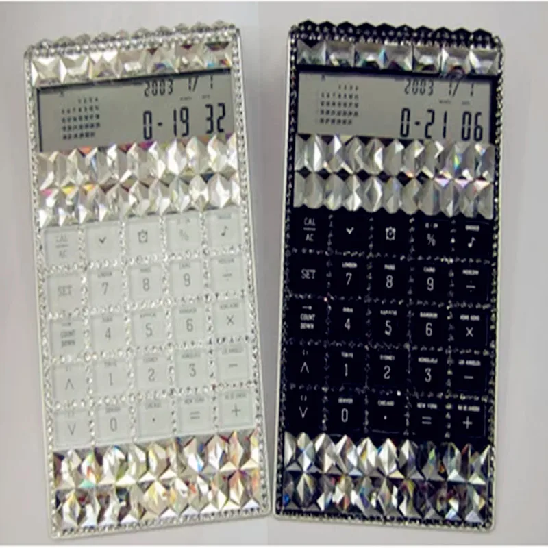 

2017 Real Dual Power Supply free Shipping Multifunctional Calculator with Diamond Rhinestone Calendar Alarm Clock Music Timer