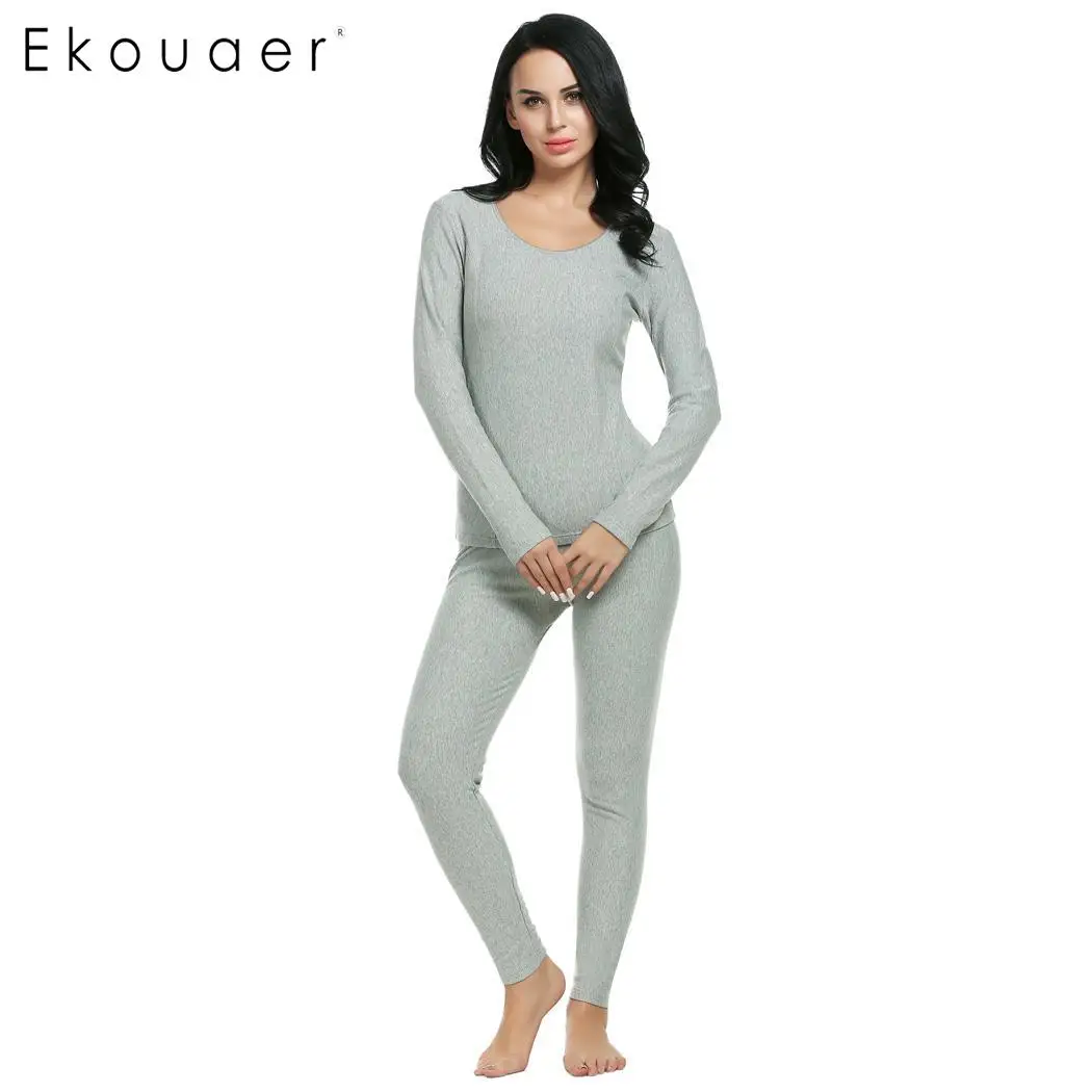 Ekouaer термобелье женское зимнее повседневное теплое антимикробное стрейч термо нижнее белье наборы женские теплые кальсоны топ брюки - Цвет: Gray