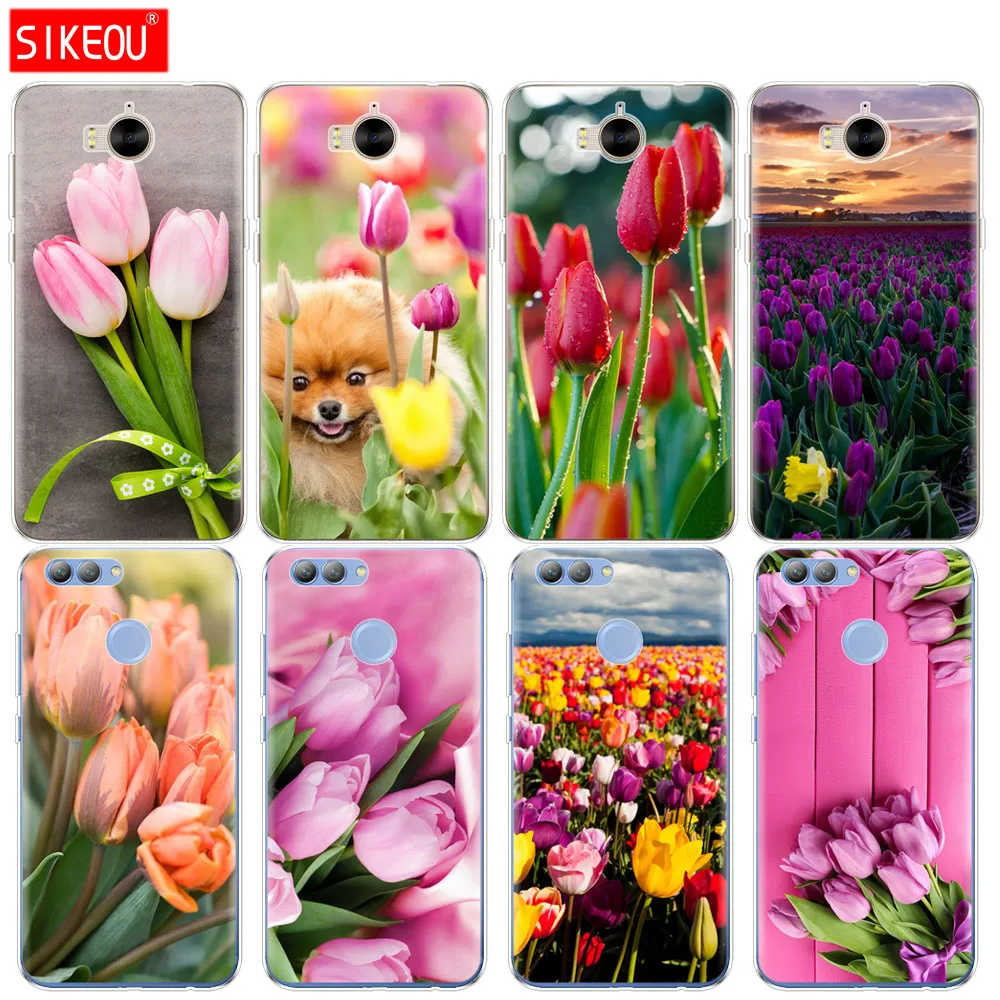 

Silicone phone Cover Case for huawei Y3 Y6 Y5 2 II 2017 nova 3e 2s 2 LITE plus Tulips flower Spring field Red pink purple