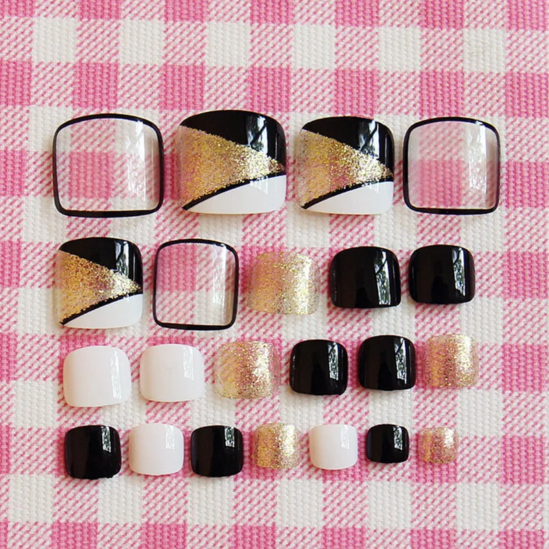 

24 pcs Clear Short Fake Toe Nails Glitter Gold False Toenails Splice Angle Artificial Nail With Design Manicure Tool T007