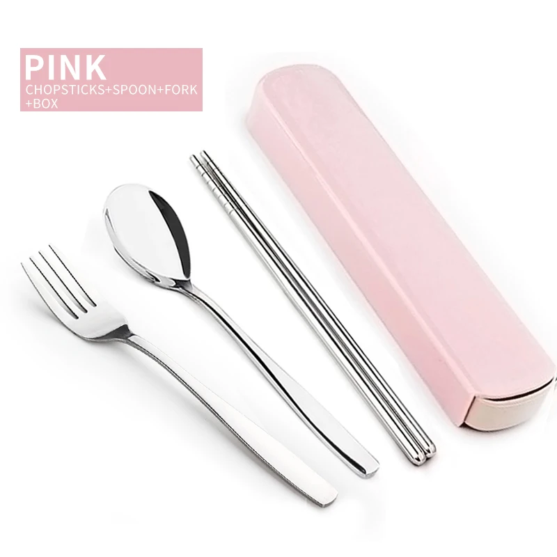 Pink B WORTHBUY портативный набор посуды из нержавеющей стали, дорожная посуда с коробкой для малыша, набор столовых приборов для пикника, набор кухонных принадлежностей - Цвет: Pink B