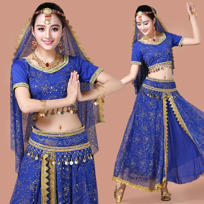 

Bollywood Belly Dance Costume Set Indian Dance Sari 5pcs (Headpieces Veil Top Belt Skirt) Belly dance Skirt Suit Women Chiffon
