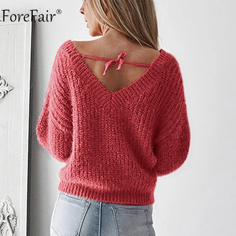 Forefair V Neck Knitted Sweater Women Yellow White Oversized Backless Long Sleeve Sexy Sweater Winter 2018 Knitwear