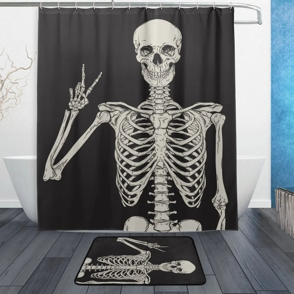 Набор занавесок и ковриков с изображением скелета человека, черно-белая Водонепроницаемая тканевая занавеска для ванной