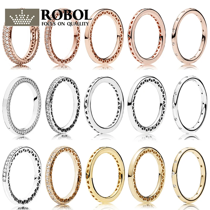 

ROBOL Original 100% 925 Sterling Silver Rings Engraved LOGO Original Model Production Women Ring Heart-shaped Hollow Out Ring