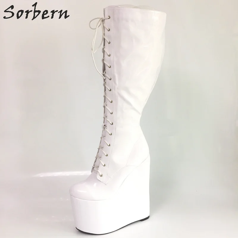 Sorbern блеск белые высокие сапоги до колена для Женские туфли с платформой на высоком каблуке Женская обувь на платформе большой размер 15 ботинки "сделай сам" Для женщин