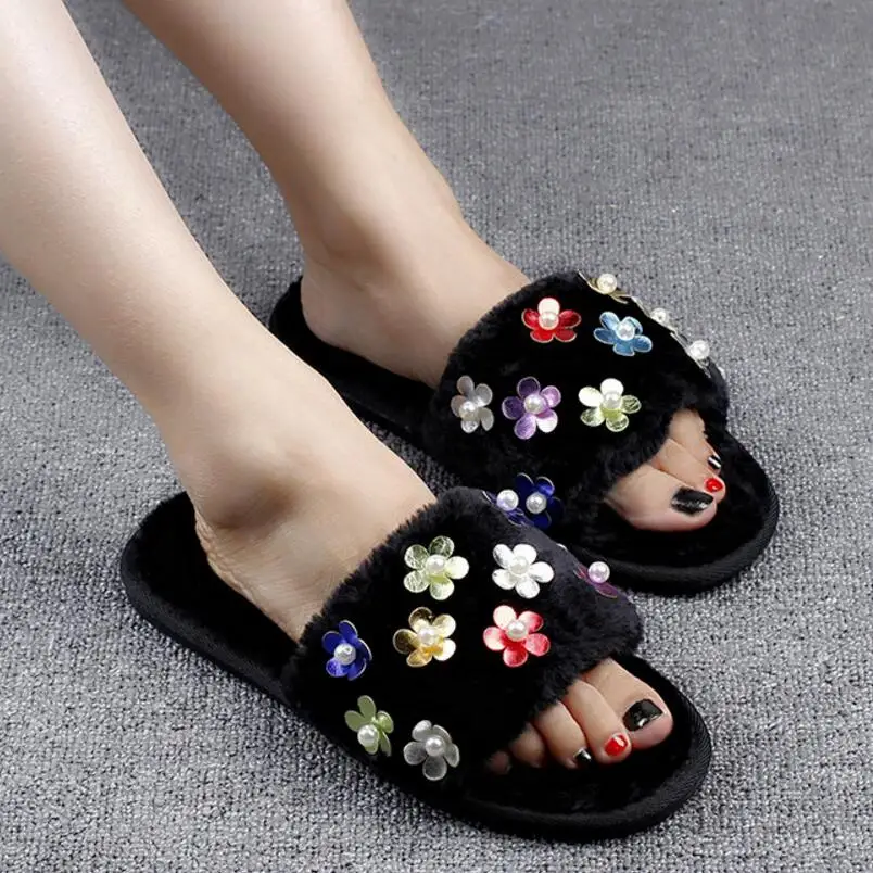 candy color leather flower fur slippers women pearl beading winter ...