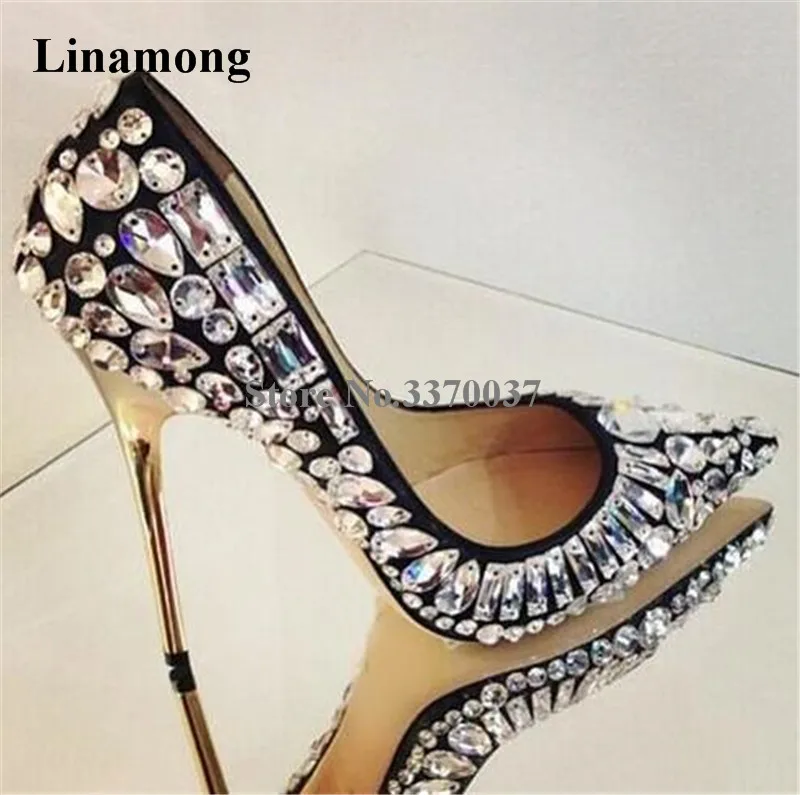Women Brand Design Pointed Toe Bling Bling Rhinestone Stiletto Thin Heel Pumps White Black