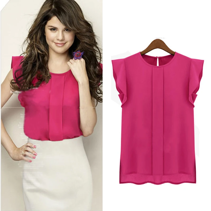 Women Summer Elegant Blouse Office Lady Solid Short Sleeve Chiffon Shirt Ruffle Top