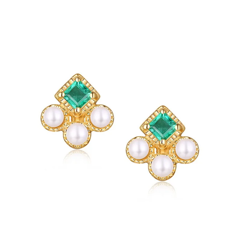 

Luxury 14K Pure Real Yellow Gold Emerald Pearl Pierced Earrings for Women Girl Fancy Solid Genuine Gemstone Stud Fine Jewelry