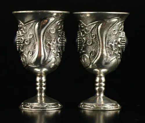 

A Pair (2pc)of Collection Old Handmade Miao silver inlaid with blue bead Goblet cup Free Shipping