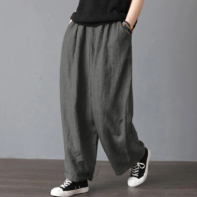 S-5XL Women New Loose Long Pants Cotton Linen Solid Wide Leg Pants With Pockets Ladies Casual Summer Autumn Baggy Trousers 2018