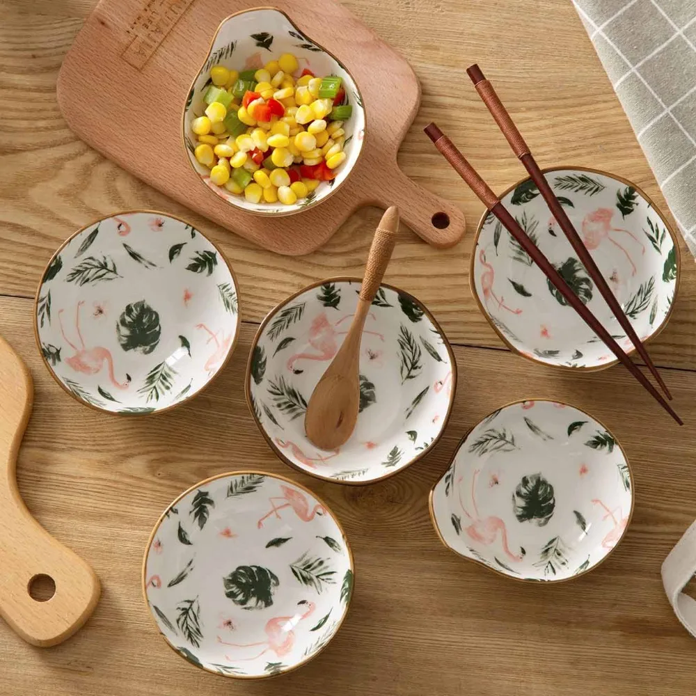 

Flamingo Underglaze Ceramic Bowl Household Rice Bowl Japanese-style Tableware Salad Bowl Large Noodle Soup Bowl Table Decoration