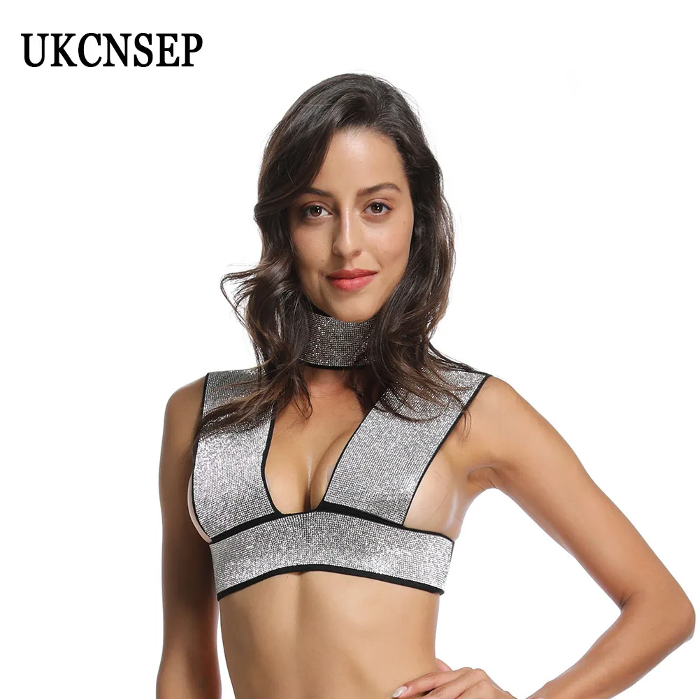 

2019 Bandage Top Sexy V-neck Rhinestone off shoulder bling choker summer solid tanks camis Short Diamonds Knitted Tank Top Women