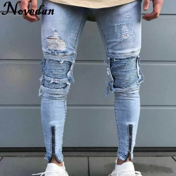 

Mens Ripped Jeans Runway Slim Racer Scratched Male Biker Jeans Fashion Jogger Hiphop Brand Swag Hole Skinny Jeans For Men