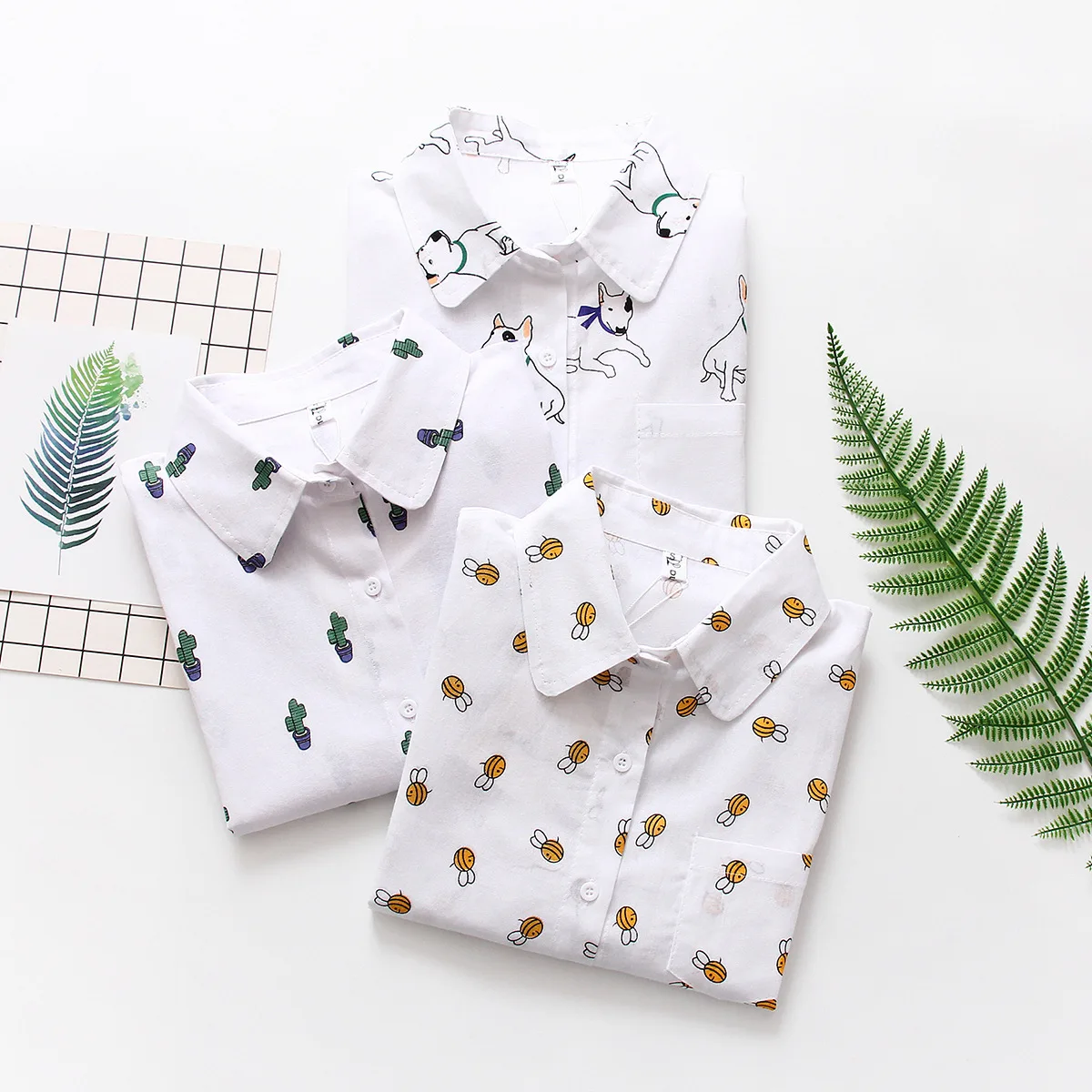 

Women Autumn New Fashion Bees Print Cotton Blouses Shirts Casual Office Shirts Blouse