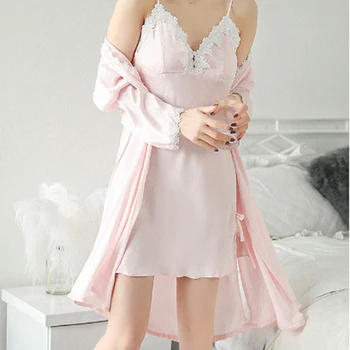 

Autumn Women Sexy Robe Nightdress Two Piece Lady Cute Sleepshirts Long Sleeve Silk Sleepwear Temptation Nightgown Set