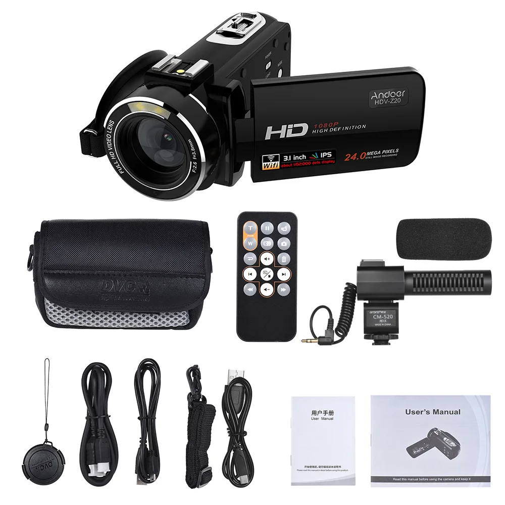 Andoer HDV Z20 1080P Full HD 24MP WiFi цифровая видеокамера с внешним микрофоном 3 0 &quotВращающийся