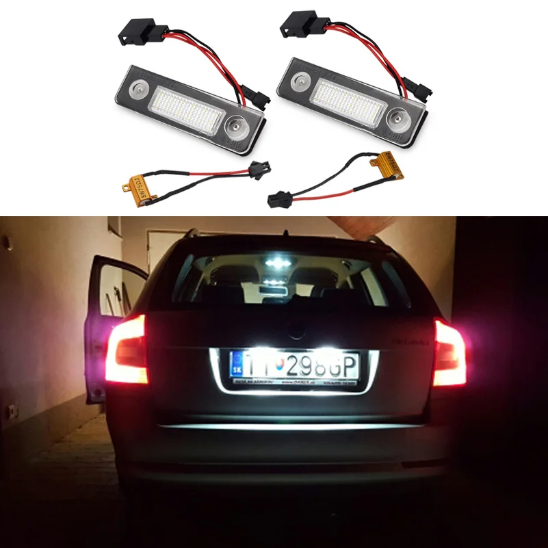 

2X Car LED License Plate Lights For VW Skoda Octavia 1Z Roomster 5J accessories no error 3825 SMD White Plate Number Lamp Bulb