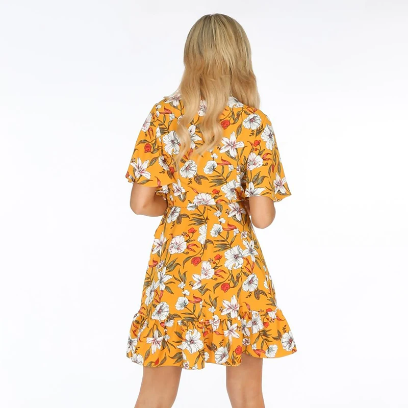 Новые летние женские мини платья богемский Цветочные V шеи пляжное платье с коротким рукавом вечерние женские платья Платье женщин XL