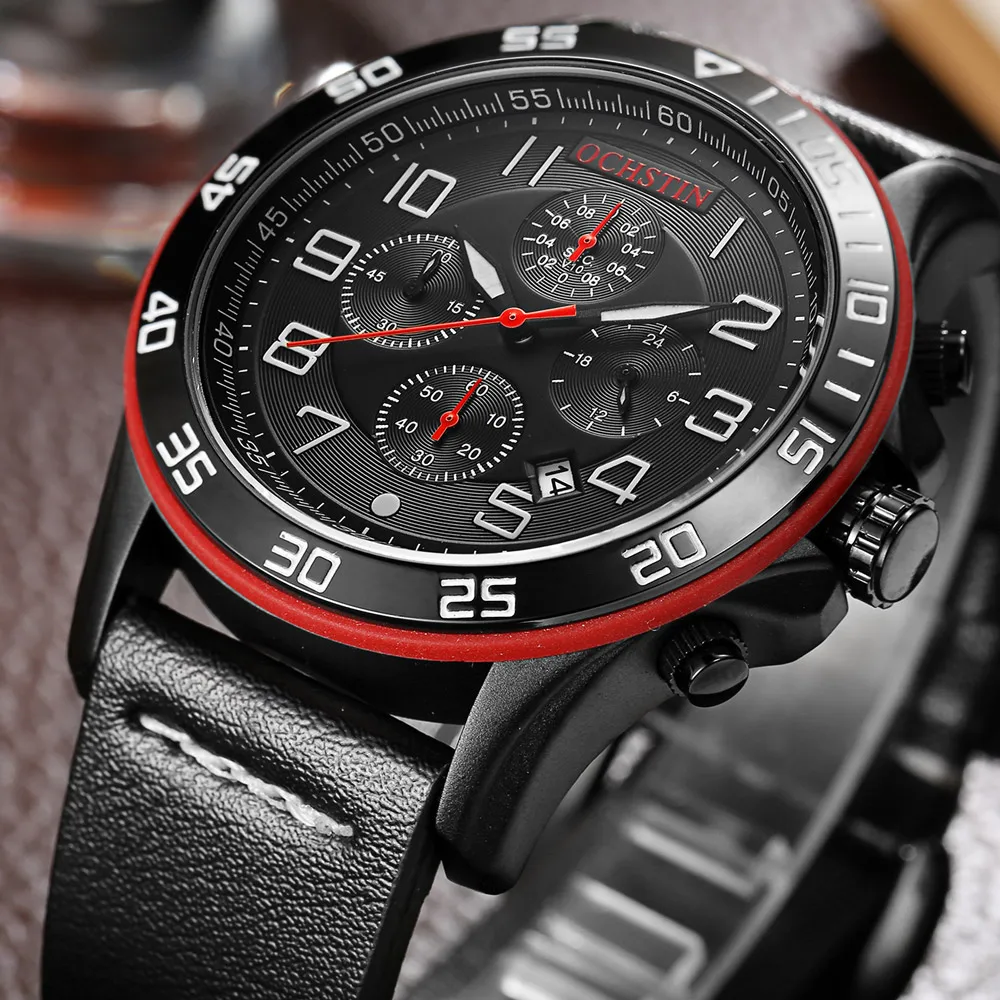 

OCHSTIN 2018 Luxury Brand 7 Hands Chronograph Watch Men Fashion Sports Watches Men's Quartz Clock Man Leather Strap Wrist Watch