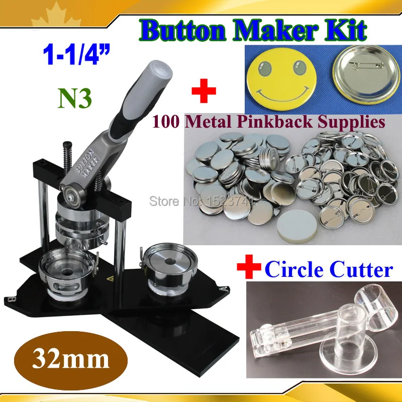 

Pro N3 New 1-1/4":32mm Badge Button Maker Machine + Adjustable Circle Cutter+100 Sets Metal Pinback Button Supply