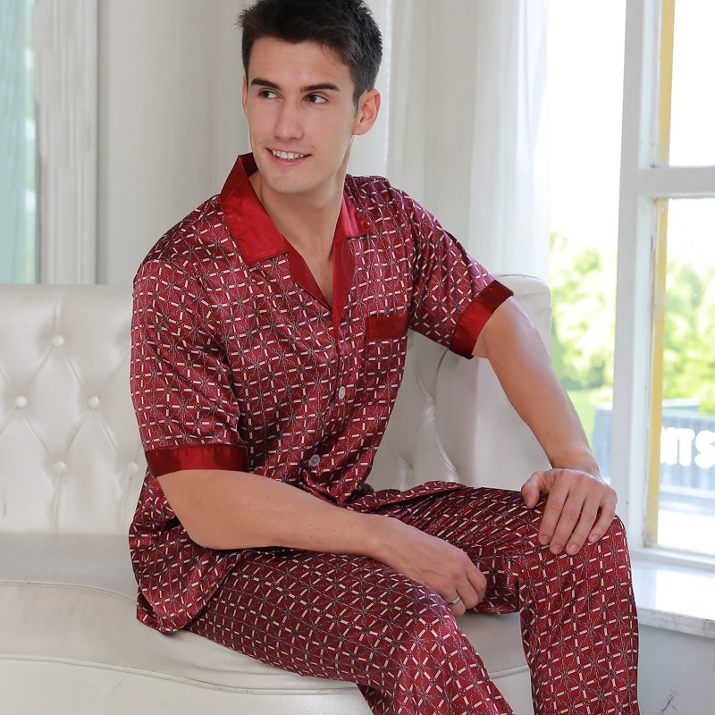 2020 New Sexy Silk Pajama Male Spring Summer Short Sleeve Sleepwear Men Fashion Printed Satin Silk Pyjama Pants Two-Piece Sets