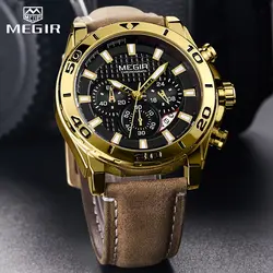 2019 хронограф megir для мужчин s часы лучший бренд класса люкс Золотой для мужчин кварцевые часы кожа водонепроница Военная Униформа