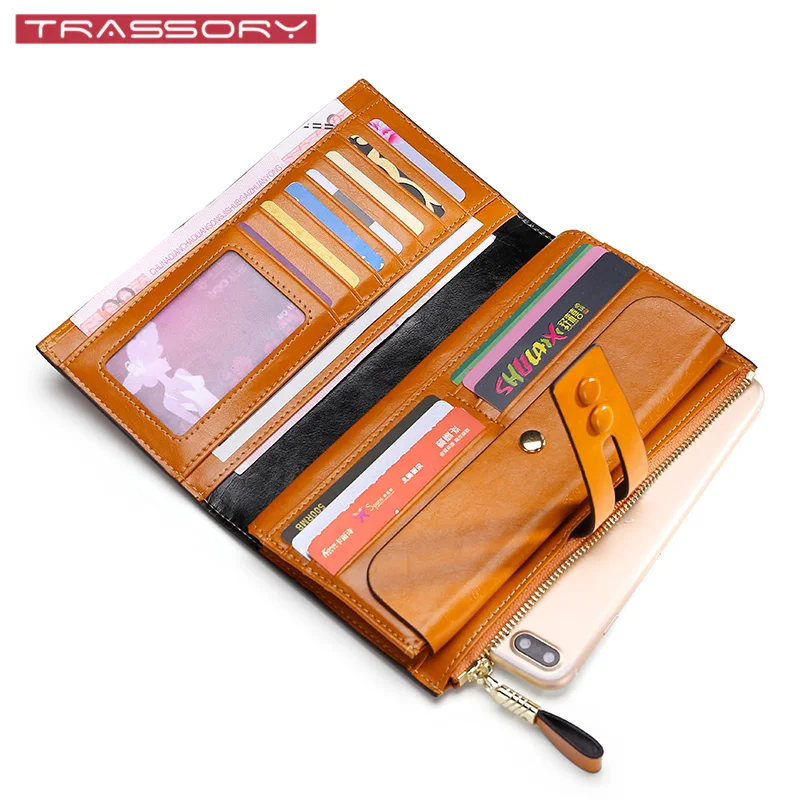 

TRASSORY Rfid Blocking Women Leather Clutch Wallet Genuine Leather Long Document Card ID Luxury Zipper Wallet For Iphone Fashion