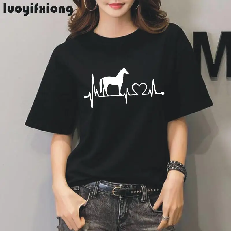 

Fashion Horse Heartbeat Line Print Women Tshirt Summer Casual Funny T Shirt Women Tops Hipster Tee Shirt Femme Plus Size S-2XL