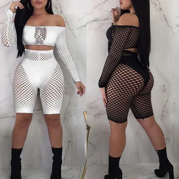 

Women Sets 2018 Women Summer Lace Fishnet Long Sleeve Off Shoulder Tops Knee Length Pants 2Pcs Cover Beach Clothes