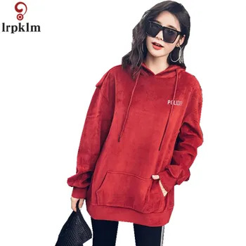 

Women's Tops Hooded Sweatshirts Spring New Solid Long-Sleeved Loose Casual Pocket Mid-length Outwear Street Costume CH222