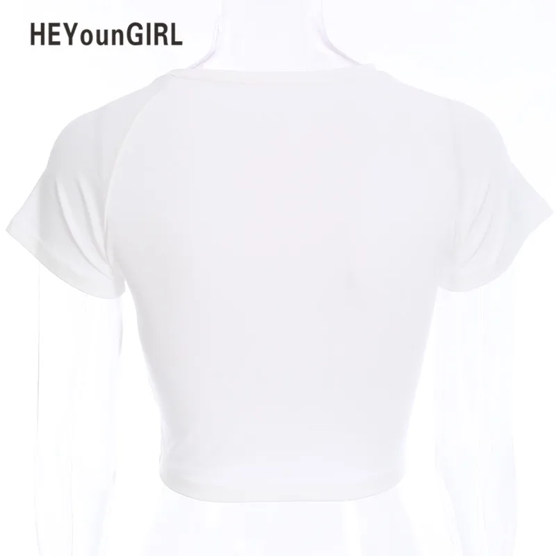 HEYounGIRL White Casual Fashion Womens T-shirt Bodycon Skinny Cropped Tops Tee Print Short T Shirt Female O-neck Cotton Top