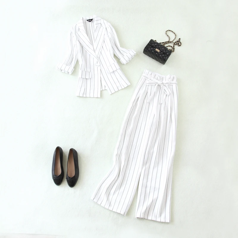 

Women's 2019 spring summer large size white and black strips 7 quarters sleeve small suit + wide leg trousers thin linen suit